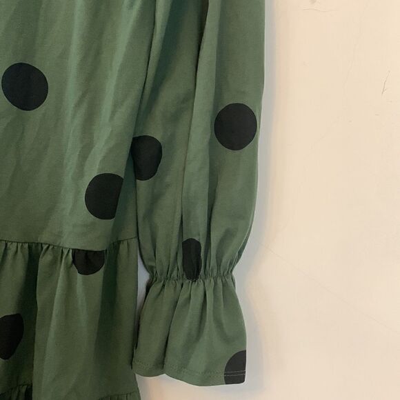 Asos green henley collar tiered dress black circles  gathered wrists Size 8 EUC - Picture 7 of 8